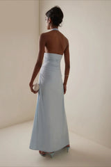 Elegant Blue Halter Deep V Backless Slit 3D Floral Party Dress