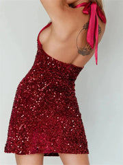 Glitter Halter Party  Sequined Tie-Up Mini Dresses