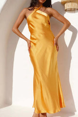 Halter Satin Solid Slim-Fit Cocktail Silk Dress