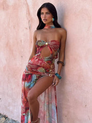 Hollow Lace-up Split Floral Dress
