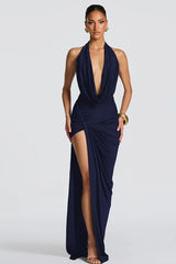 Deep V Halter Backless Slit Formal Dress