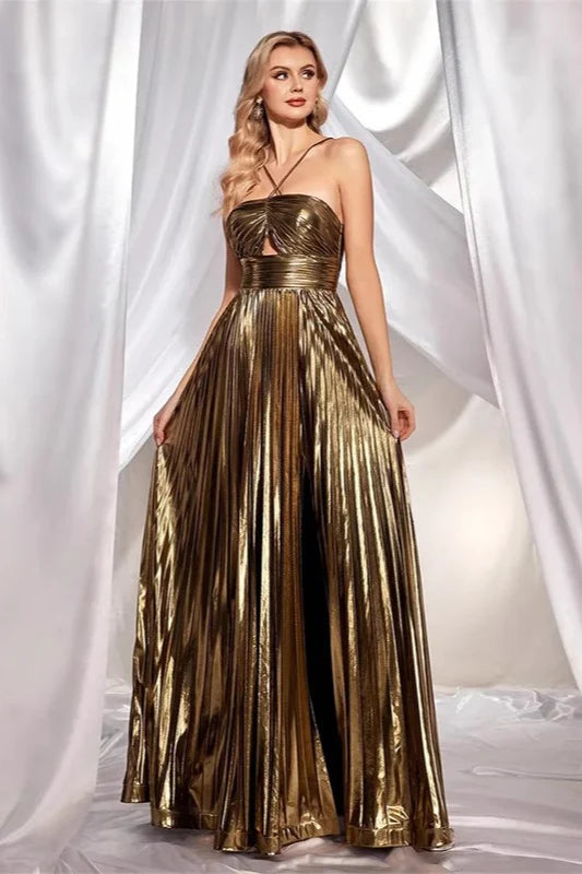 Sleeveless Backless Halter  Slit Formal Dress