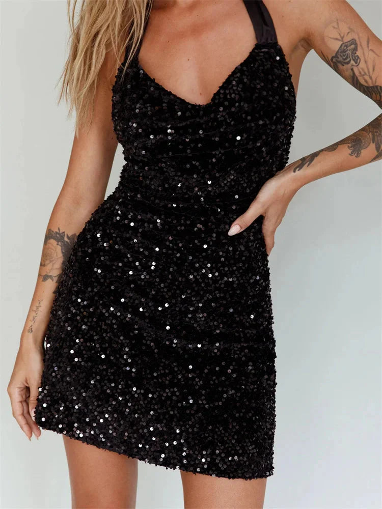 Glitter Halter Party  Sequined Tie-Up Mini Dresses