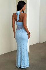 Halter Lace Low-Cut Backless Mesh Cutout Lace Dress
