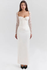 Lace Trim Satin Backless Long Sleeve Fit Lace Dress