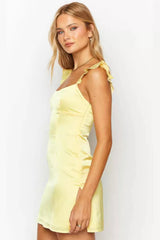 Solid Satin Ruffled Strap Sleeveless Mini Silk Dress