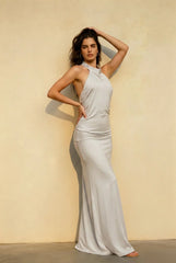 Solid Sleeveless Halter  Backless Satin Formal Dress