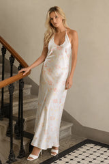 Satin U Neck Halter Backless Slim Floral Dress