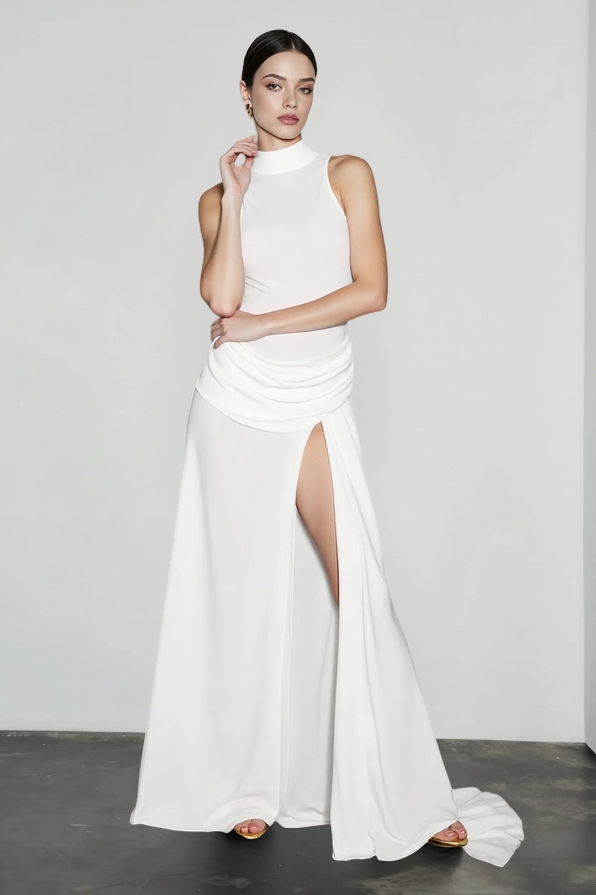 Slit Open Back Halter Ruched Maxi Vacation Dress