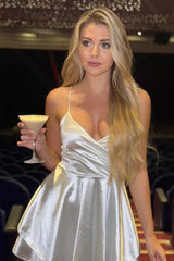 V-Neck High Waist A-Line Silk Dress