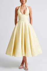 Elegant V Neck Halter Jacquard Sleeveless Backless Formal Dress