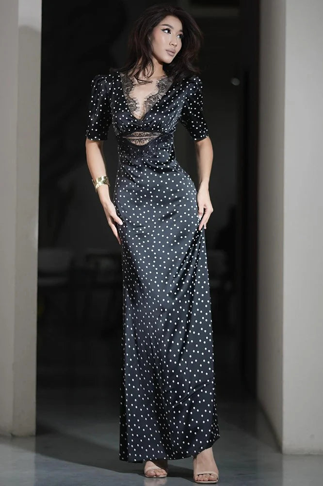 Lace Trim V-Neck Polka Dot Fit Floor Lace Dress