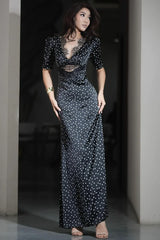 Lace Trim V-Neck Polka Dot Fit Floor Lace Dress