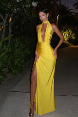 V Neck Halter Backless Solid Slit Formal Dress