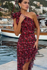 Off Shoulder Ruffled Floral Asymmetric Boho Dress
