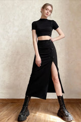 Black  Women A-line Slits High Waist Slim Hip-covering Solid Mid-length Long Streetwear Skirt