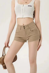 High Rise Curvy Fit Khaki Denim Shorts