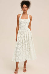 Halter Bandeau Backless Waist Cinched Solid Lace Dress