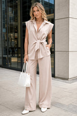 Tie Waist Short Sleeve High Waist Two Piece Work Set