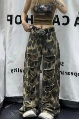 Leopard Ripped Wide Leg Jeans