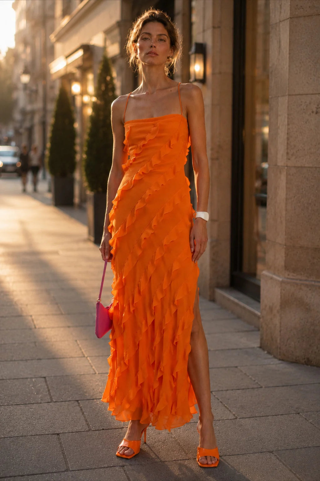 Off Shoulder Ruffle Split Hem Slip Dress