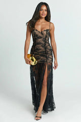 Sheer Ruched Split Cami Maxi Lace Dress