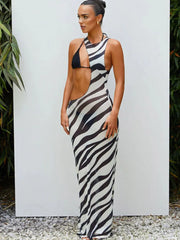 Striped Mesh Cut Out Midi Dress